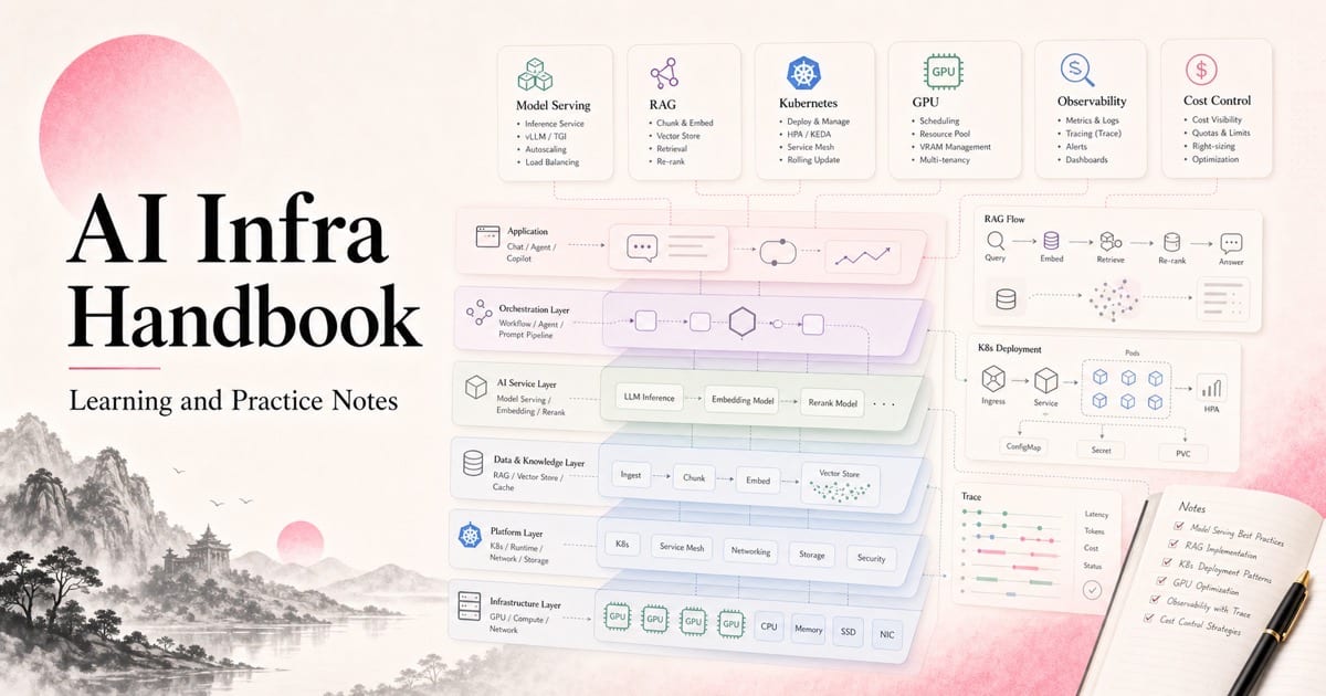 English AI Infra Handbook project cover showing model serving, RAG, Kubernetes, and observability knowledge layers