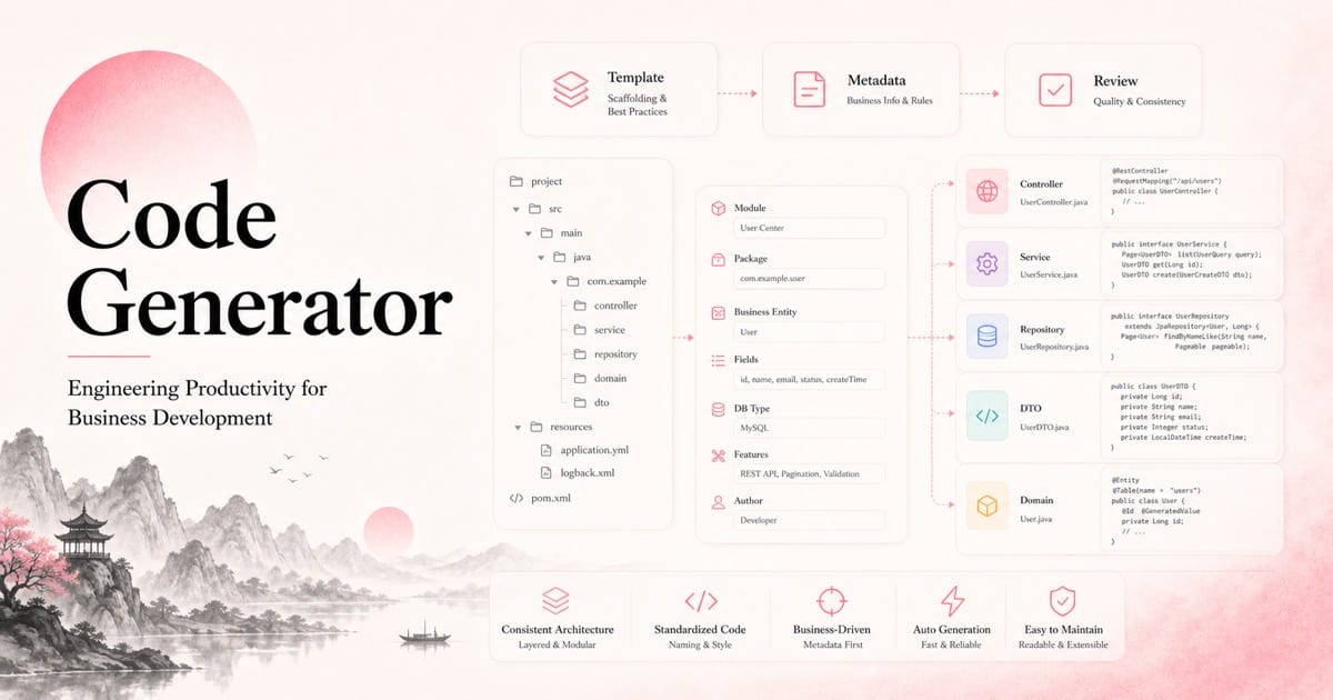 English Code Generator project cover showing scaffolding templates, file trees, and developer automation