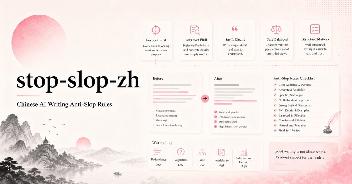 English stop-slop-zh project cover showing Chinese AI writing quality checks, rule lists, and text linting