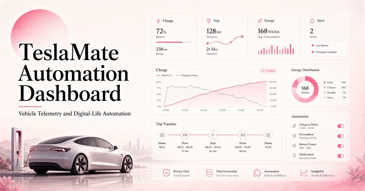 English TeslaMate Dashboard project cover showing vehicle telemetry, charging curves, and digital-life automation